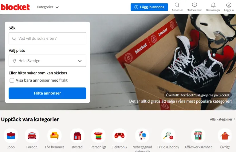 Skärmbild av marknadsplatsen Blocket som referens i researchen