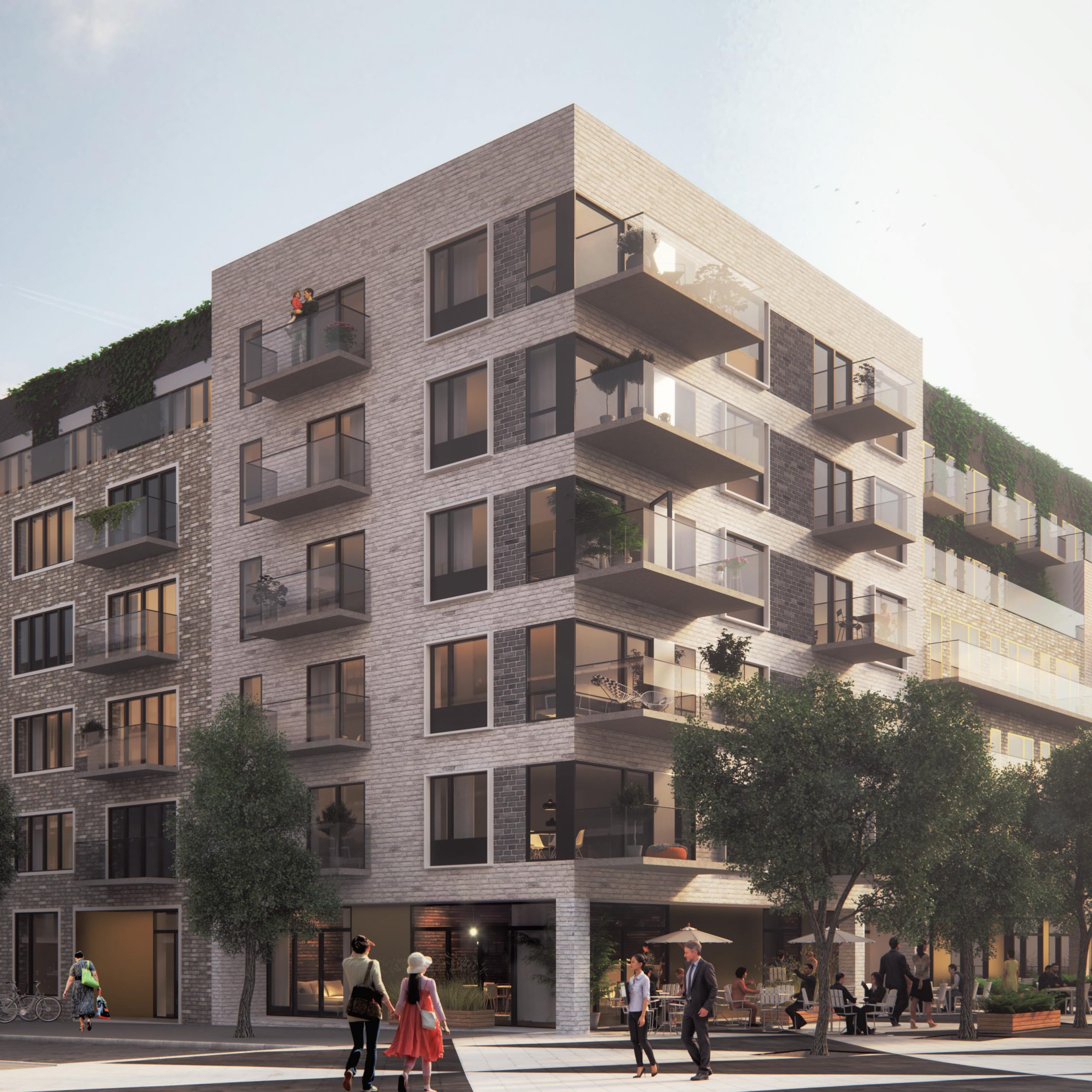 3D-visualisering av flerbostadshus i tegel med balkonger och butiker i gatuplan