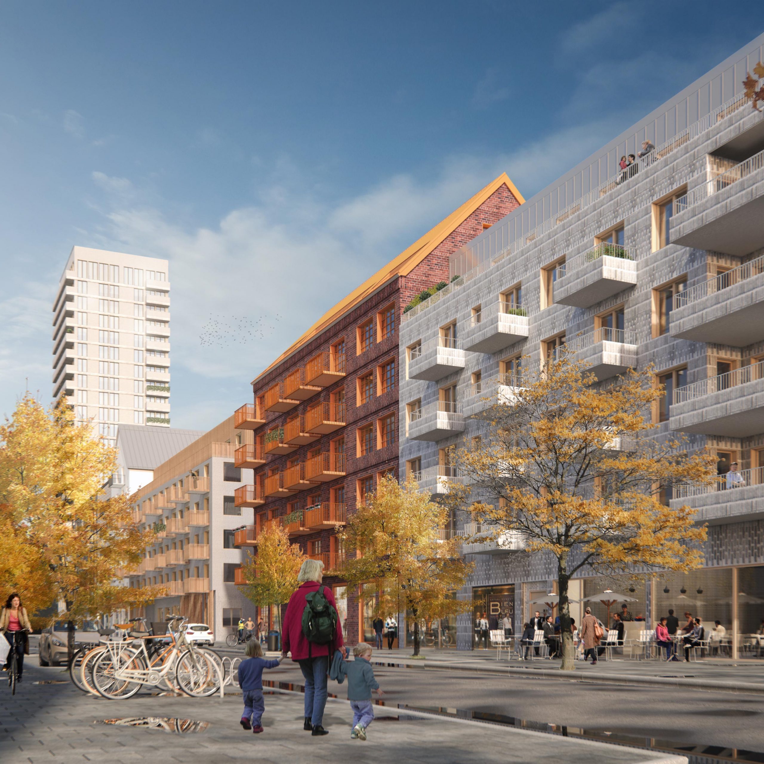 3D-visualisering av stadsgata med flerbostadshus, uteservering och höstlöv
