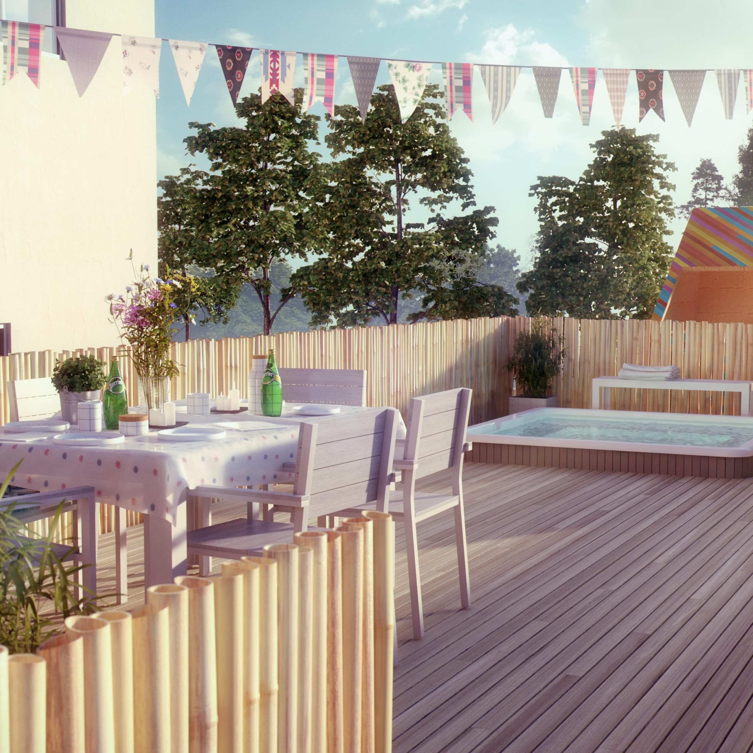 3D-visualisering av takterrass med spabad och uteservering sommartid