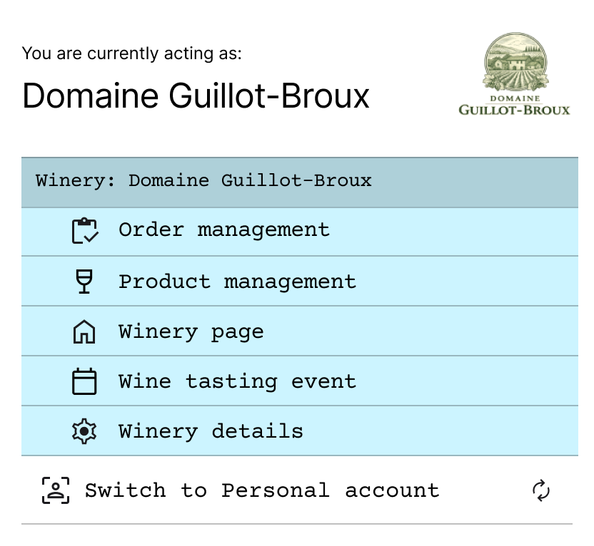 Role-based dashboard menu for a winery account, clearly showing the active profile “Domaine Guillot-Broux” and management tools such as orders, products, winery page, and events.